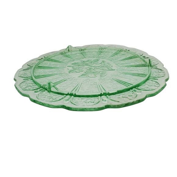 Jeannette Glass Green Depression 3-Footed Cake Plate Cherry Blossom Pattern Vtg - Picture 9 of 13